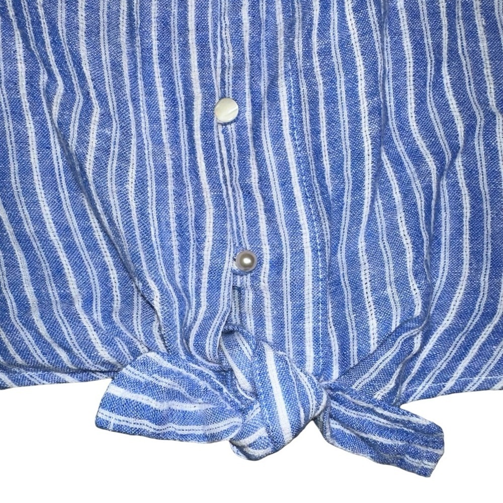 Rails Sloane Linen Blend Top Medium Blue Button Up Striped Front Tie Blouse - Picture 7 of 12